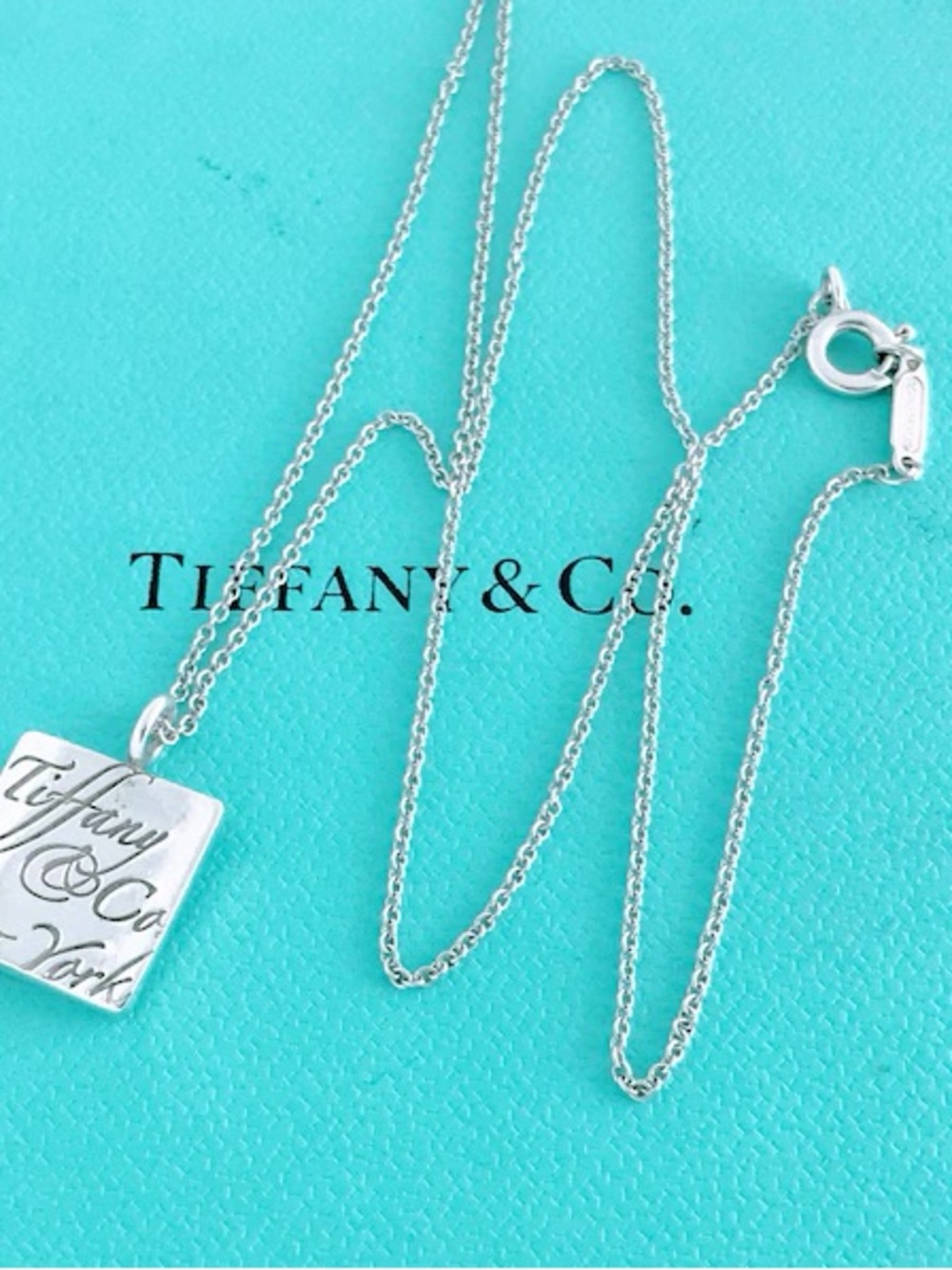 Tiffany & Co. Sterling Silver Engraved Square Pendant Necklace - Silver